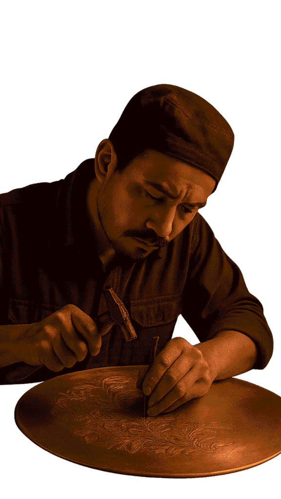 a craftsman is making copper and brass crafts