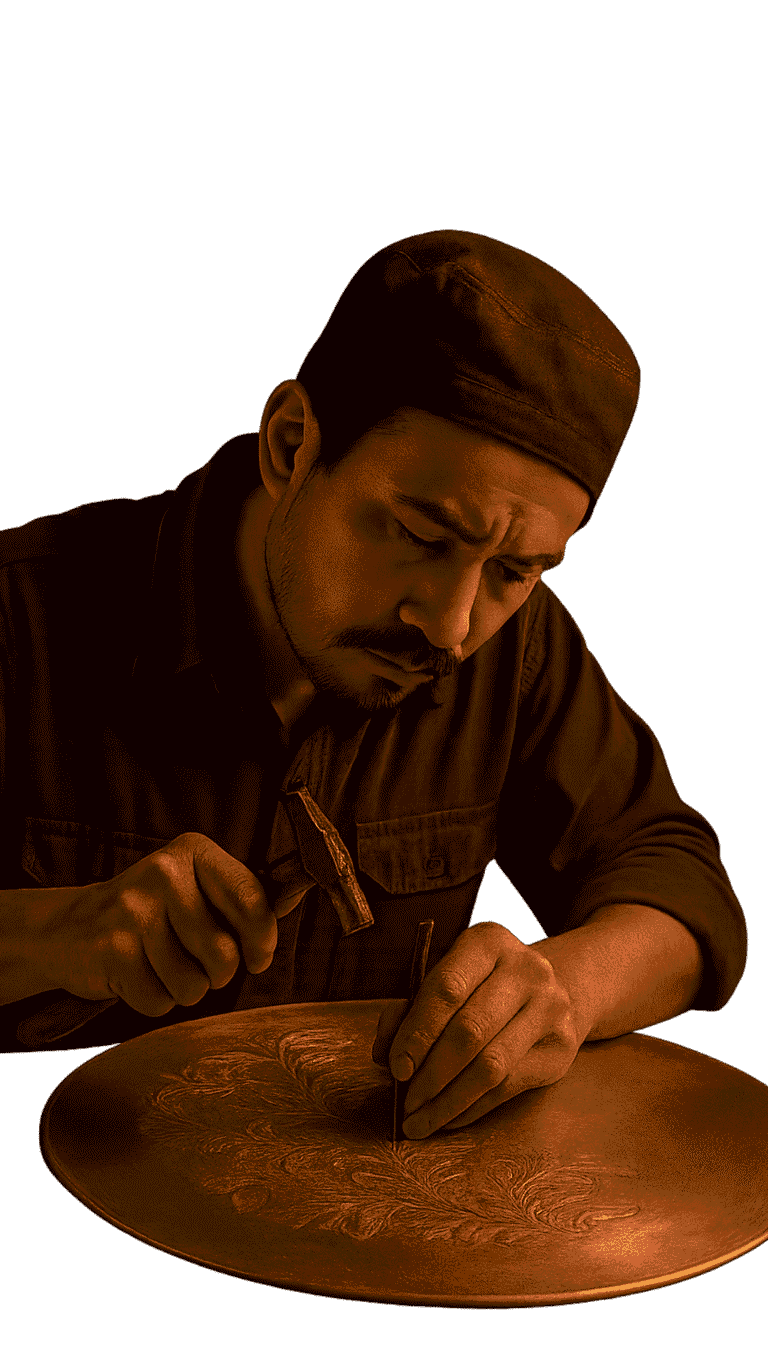 a craftsman is making copper and brass crafts