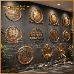 Logo tembaga timbul hasil jasa pembuatan logo tembaga terpasang di dinding lobby kantor dengan tampilan elegan
