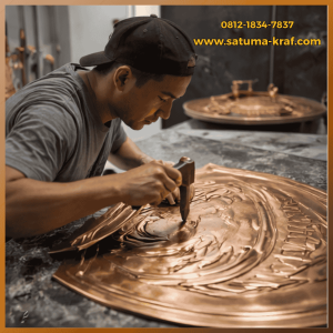 Pengrajin logo tembaga sedang melakukan proses pemahatan detail huruf pada logo timbul menggunakan alat pahat tangan di workshop