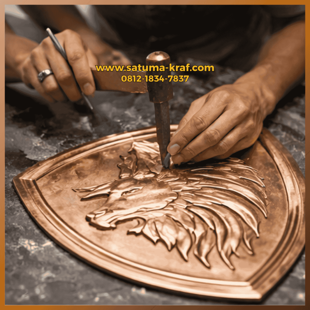 Proses pembentukan logo tembaga timbul dengan teknik emboss, tampak lembaran tembaga mulai membentuk desain logo perusahaan