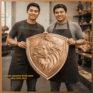 Tim pengrajin logo Jakarta sedang menyiapkan pengiriman logo tembaga timbul yang telah selesai diproduksi dan dikemas rapi