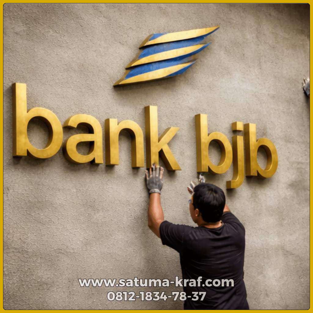 pemasangan logo kuningan timbul pada dinding kantor