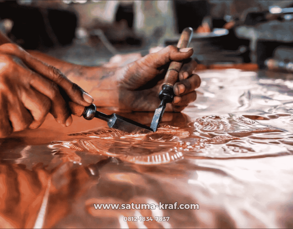 Proses handmade relief dinding tembaga custom dengan teknik pahat manual oleh pengrajin tembaga Indonesia Proses handmade relief dinding tembaga custom dengan teknik pahat manual oleh pengrajin tembaga Indonesia